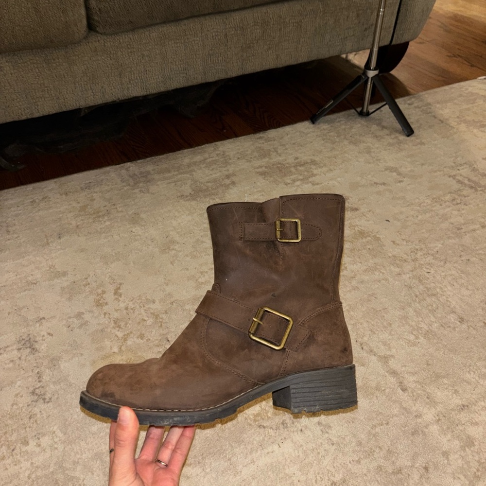 Brown Genuine Leather Ankle Boots with Buckle Detail